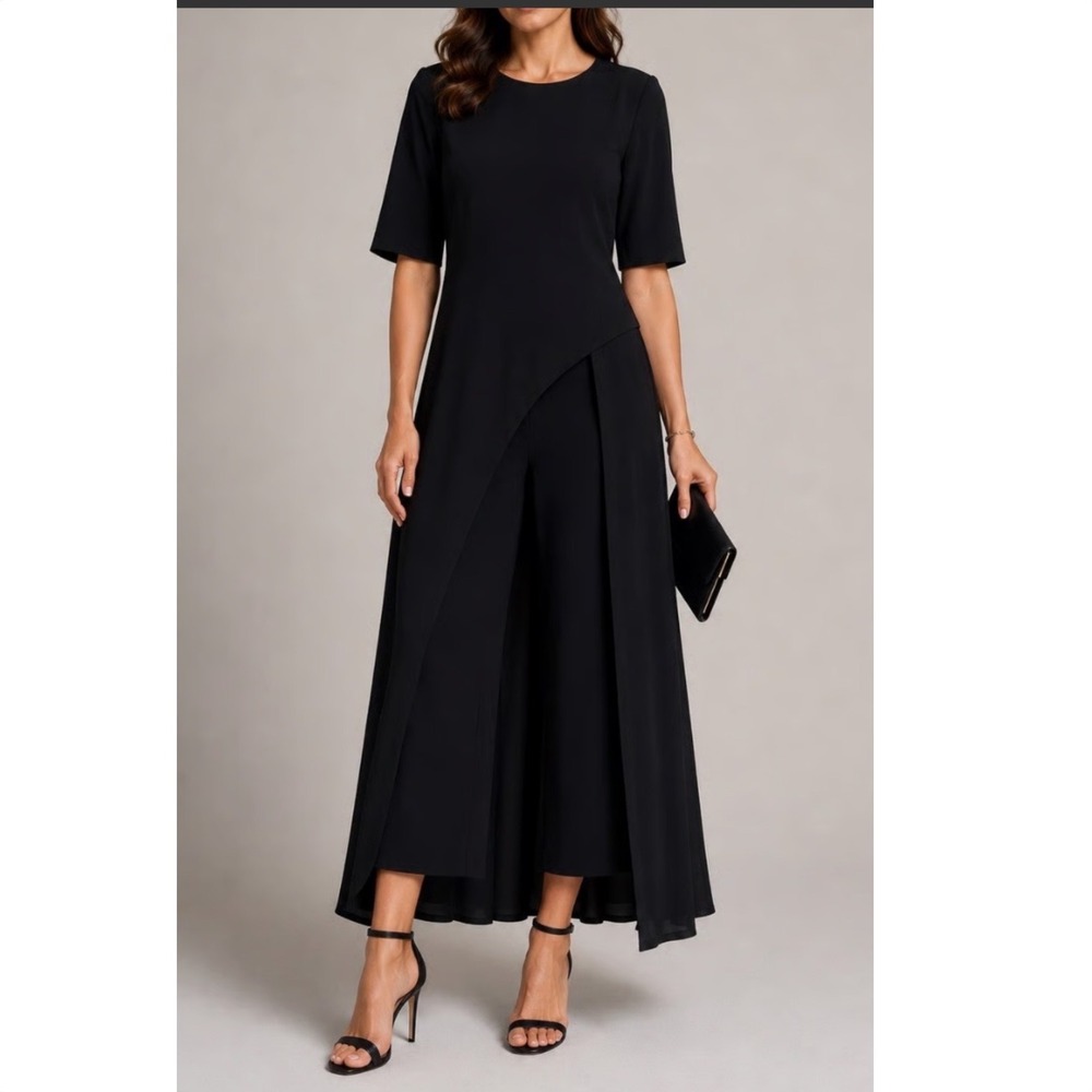 Kay Unger New York Black Walk-Thru Jumpsuit Overlay Dress Pantsuit Size 14